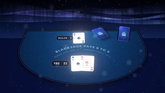 Blackjack: an ace and a king against the dealer's nine on the ice felt.