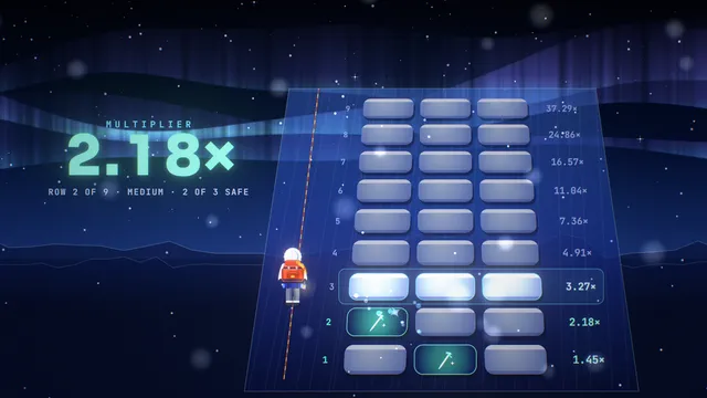 Glacier Climb: the explorer beside a wall of ice holds, rows of multipliers climbing up the side.