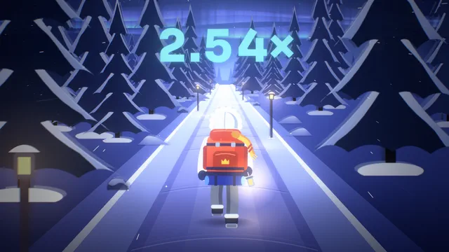 Crash: the explorer walks a lantern-lit trail through the pines while the multiplier climbs.